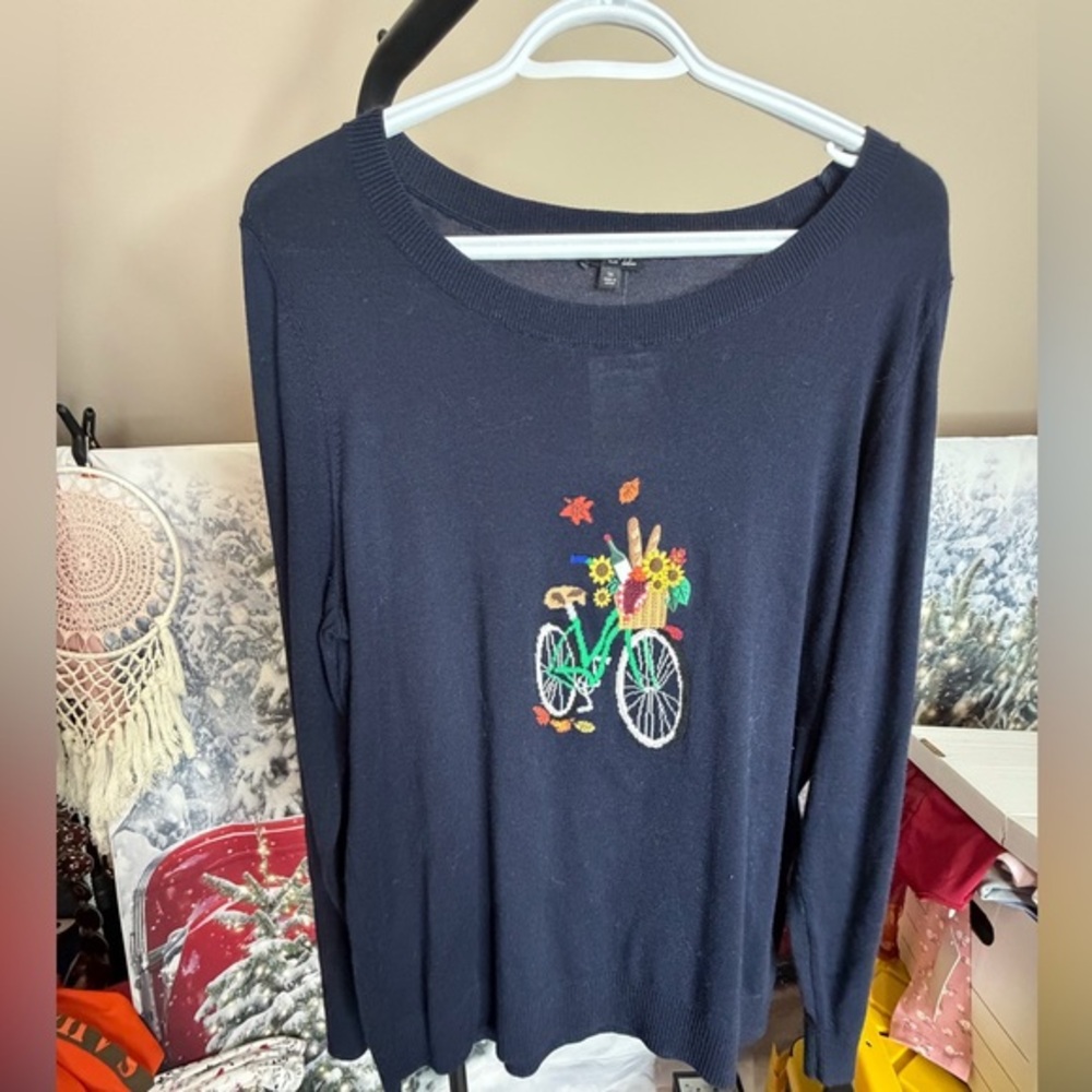 Talbot's Navy Embroidered Lightweight Sweater w Bike & Flowers, NWT Size 1X